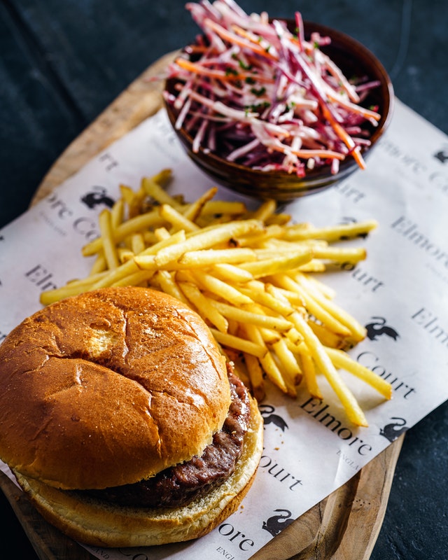 Burger and fries on a plate